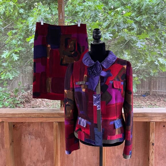 Moschino Women's Vintage Red Art To Wear Skirt Suit Size 10 Skirt, 14 Jacket - Picture 1 of 16